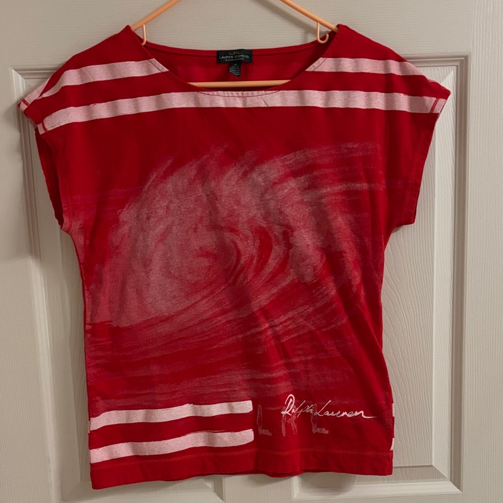 Ralph Lauren Red Short-Sleeve Swirl Graphic Tee with White Stripes